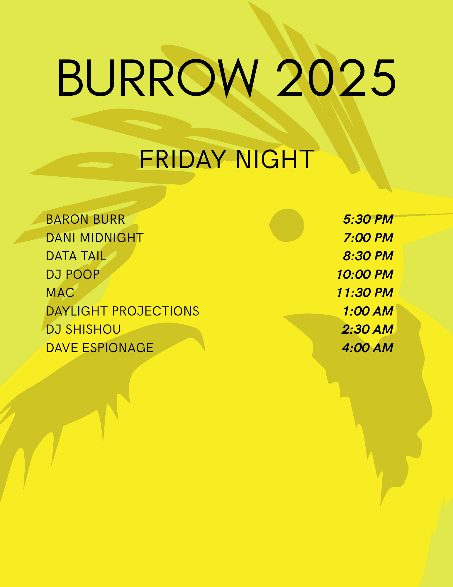 Burrow 2025 Friday Night Schedule