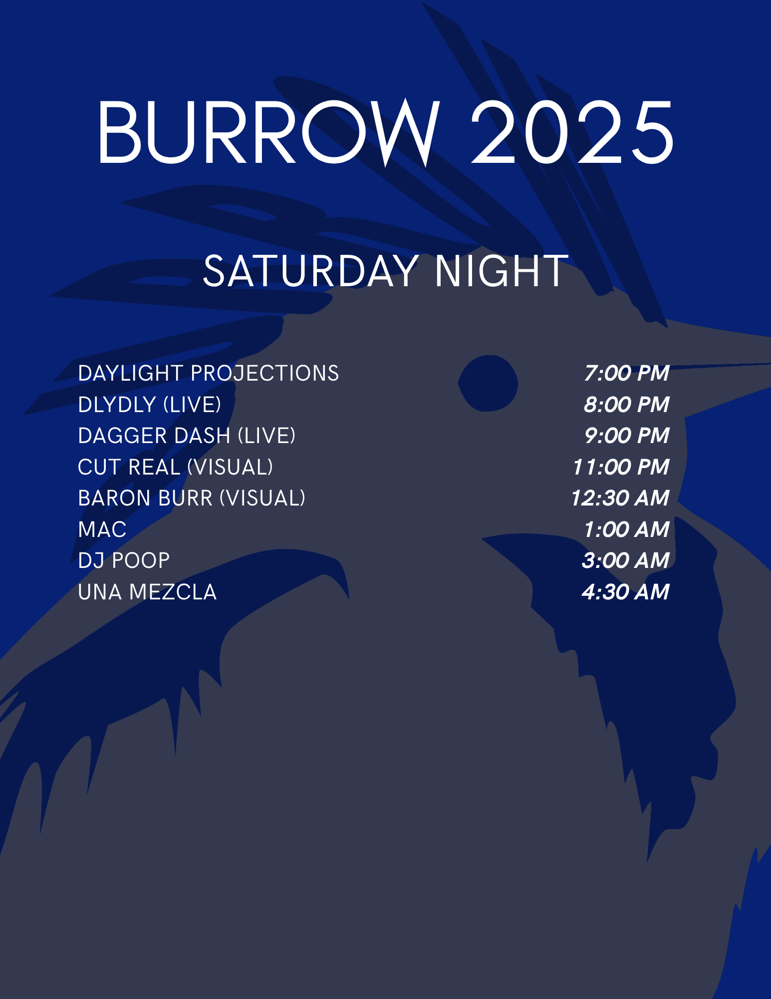Burrow 2025 Saturday Night Schedule